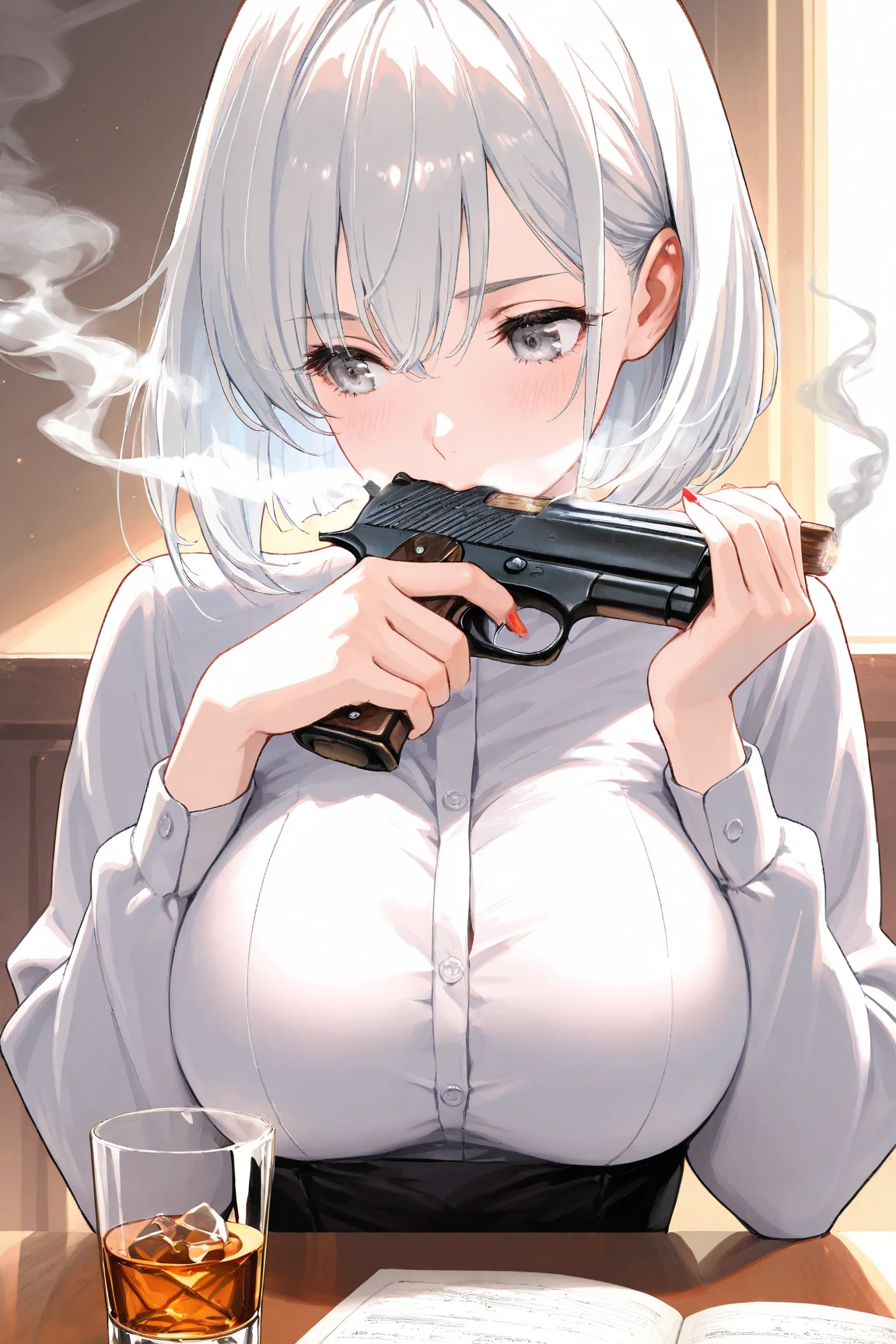 (best quality, ultra-detailed), glowing eyes, glowing lips, stunning body, revealing nightdress, comfortable bed, bright room, warm lighting, gorgeous, nightdress, lovely pillow (bedroom), aiming pistol, cleavage