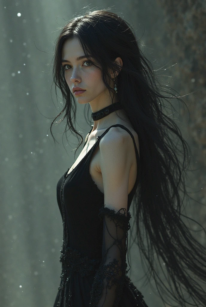 Uma mulher muito bonita de 28 anos, cabelo preto comprido, em lingerie sexy,