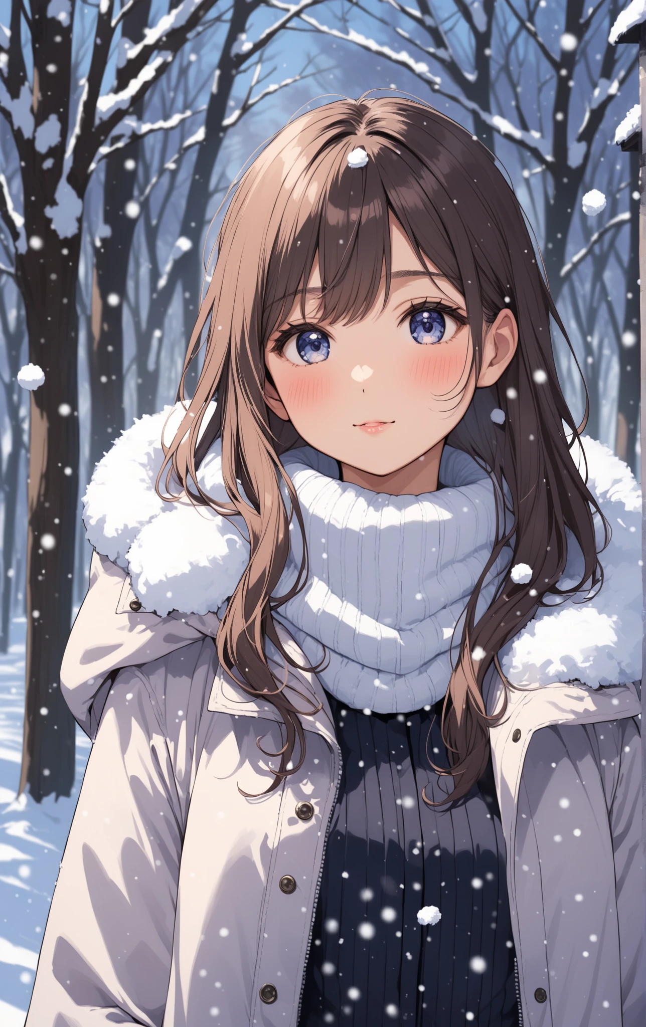 nozomitoujou, nozomi toujou, green eyes, brown hair, curly hair, large breasts, masterpiece, best quality, high resolution, beautiful detailed eyes, extremely detailed face, good lighting, detailed CG, messy hair, glossy lips, worried, snowy forest, knit sweater dress, (buried in snow)