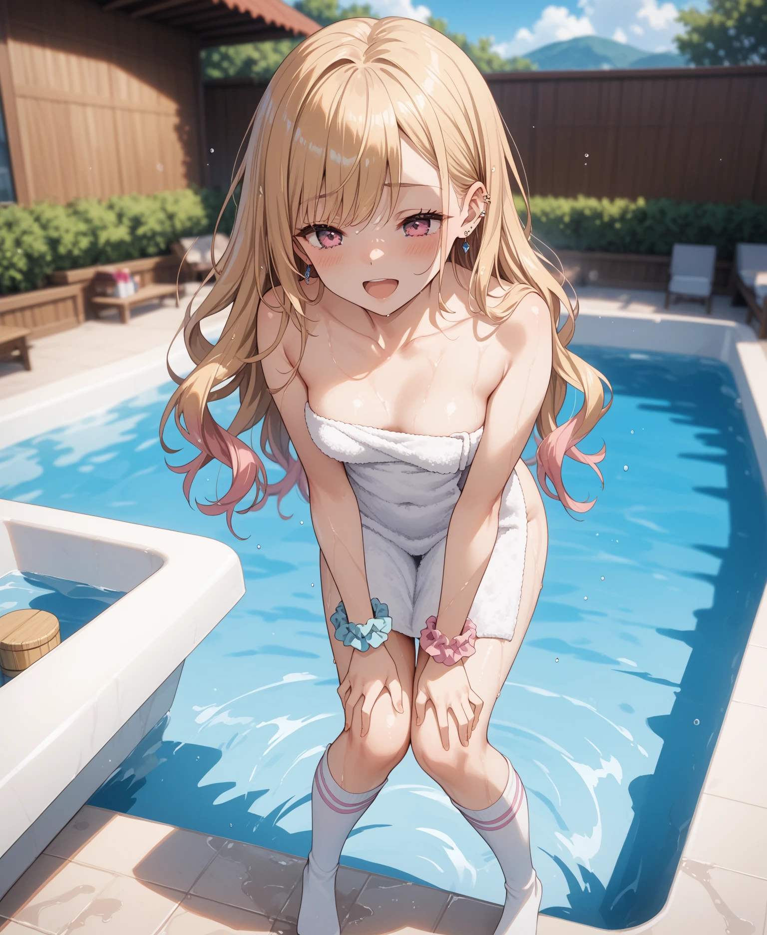 (Naked:1.3), (Lingerie transparent:1.4),(Clear bikini:1.4),(Blushing face:1.4), Smiling, Cowboy shot, ((G cup)),tit,Pink,Cock your ass,angle from behind,Pink Long Hair,spread thighs,florals, Bow knot, Blushlush,Playing in the water