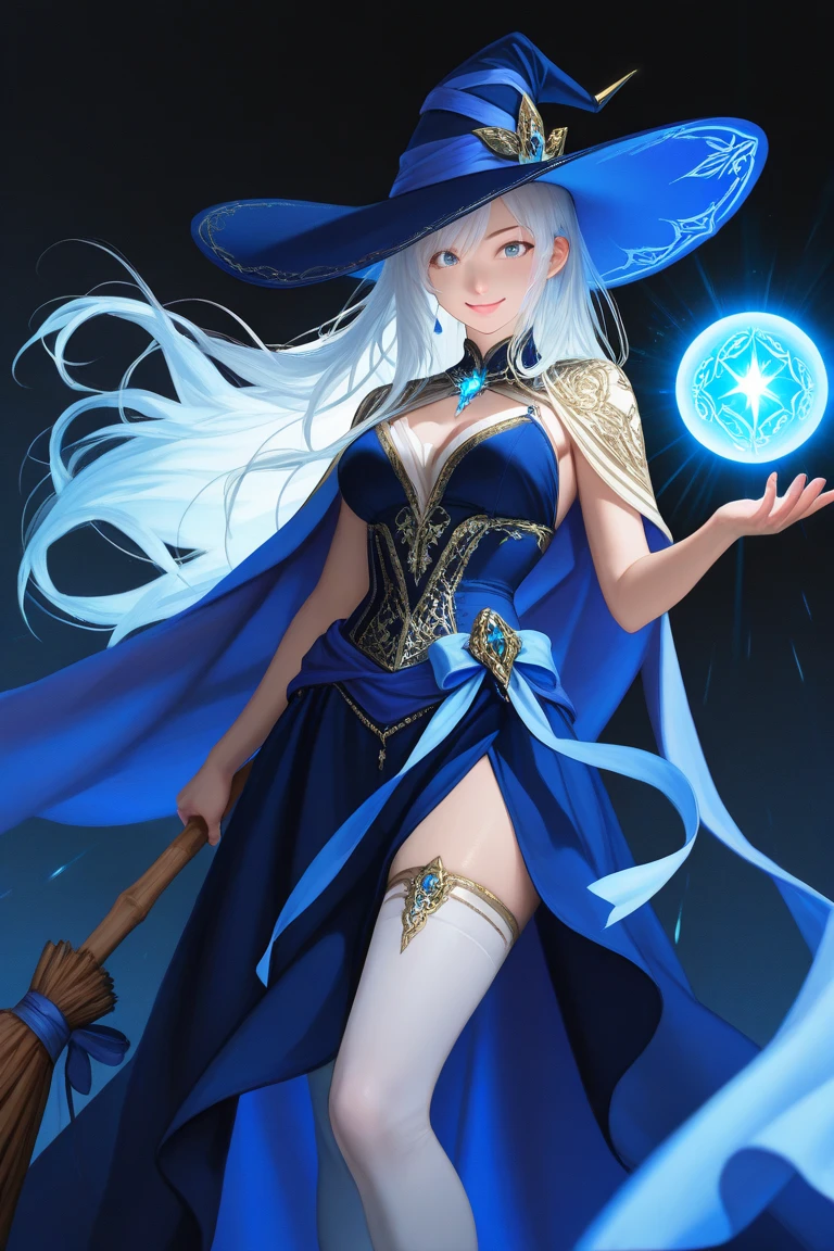 Wearing a blue dress、wearing a hat、Alafid woman holding glass, Astral Witch Clothes, beautiful ancient frost witch, Beautiful celestial mage, Moon themed clothing, fantasy costumes, witch fairy tale, classical witch, Close-up fantasy of water magic, beautiful wizard, magic dress, clothes themed on a peacock mage, Casting posture, fantasy dress, smart witch, ice witch