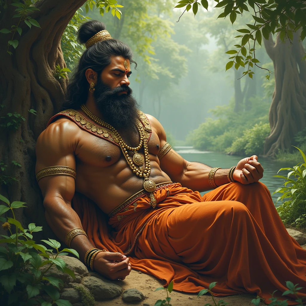 One bramhana pandit(parashuram) with great height and sixpack body holding big axe on his hands and He has an bow and arrows on his shoulder ,he is meditating under the tree