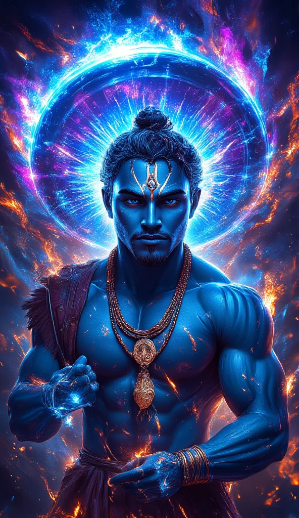Lord ram is smiling at a man that is looking like a blue translucent soul is coming out of a portal that is also translucent but his upper body is out of portal and his lower body is inside the portal