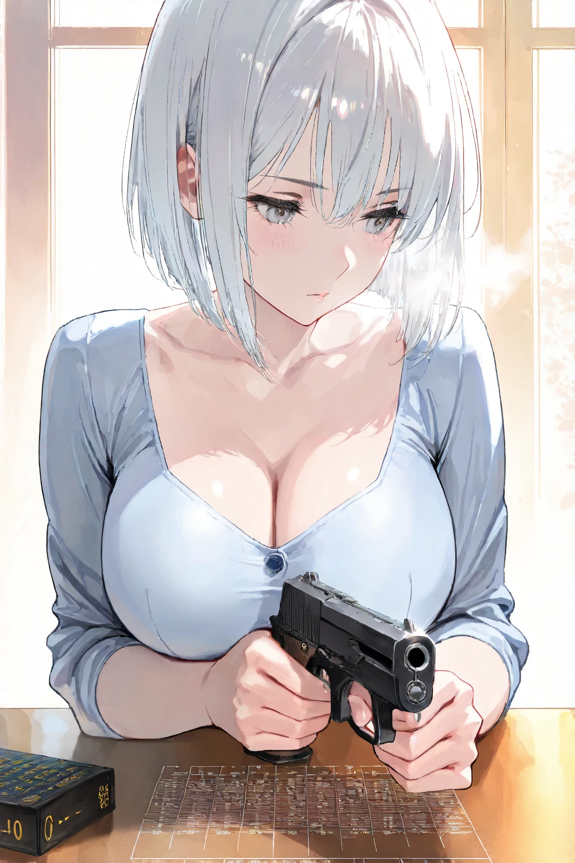 gorgeous, lovelypajama, bright room, comfortable bed, lovely pillow, warm lighting, aiming pistol , cleavage, stunning body, ultra detailed face, glowing lips l, glowing eyes, open pajama