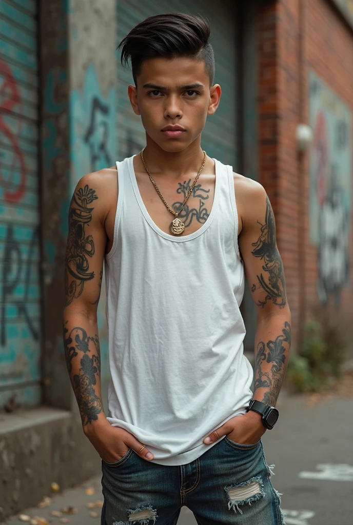 A handsome boy wearing jeans with a bad boy kind of image
some tattoos on arms, chest, and back
Slick back hair style. Skin-wise a bit tanned. Nothing too extreme, just enough to have a bit of a golden touch. And deep blue eyes.