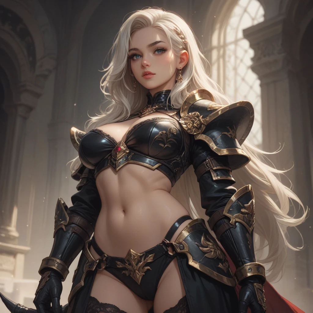 ((best quality)), ((masterpiece)), (detailed), Prize-winning works, with incredible details, maximum textures and details, uhd ,8K,super resolution ,depth of field, retina, masterpiece, anatomically correct, textured skin, super detail, high details, highres ,1 dark skinned girl black adventurer dark skinned warrior costume ,beautiful face, stop at an adventurers guild, hair blonde, developing long hair, slickedback hair,((she has dark skin)) She wears medieval black armor , black gauntlets and gloves, black breastplate black leather,black pants, black belts ,black long cape ,fully body, hyper detailed piercing eyes ,black heavy armor (15 year old young man :1.1,detailedeyes, face detailed, whole body:1.1,the background is an adventurers guild ),(best qualityer:1.2,ultra detali:1.1,realisitic:1.37) ,eyeshadows,sharp focus,swirly vibrant colors,)