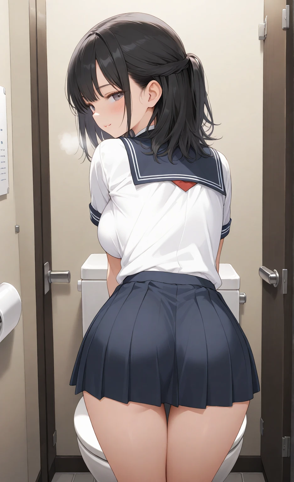 nsfw,,fellatio,man standing and girl kneeling,(sucking a penis desperately),tanned skin girl,solo, (black hair),short hair,bukkake,white dress shirt,cream school cardigan,pleated checked skirt,at public restroom,look up,kneeling on floor,(blushed :1.2),suffering,trembling,adult curvy body,hand on floor,crying,from side,