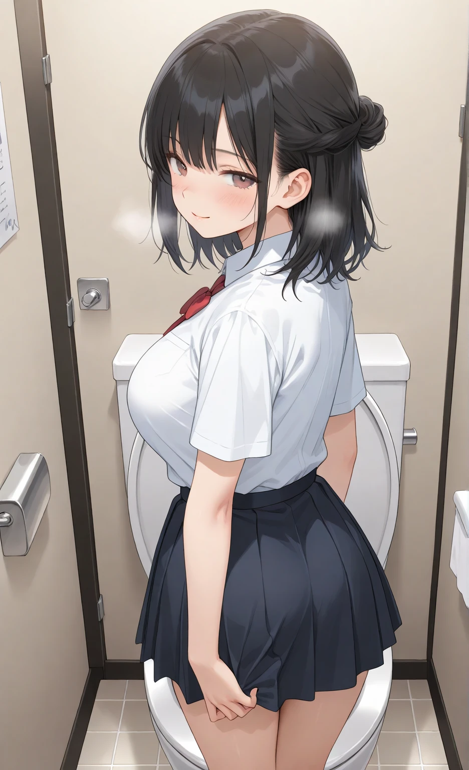 1girl,12old, ,short hair,hair over eyes,bob cut,straight hair,black hair, ,tsurime,black eyes, , collared shirt,white shirt,long sleeves, ,suspender skirt,red skirt, ,toilet stall, ,Sit on an open urinal, ,Big Breasts、Very large breasts、((skirt lift)), ,ero face
