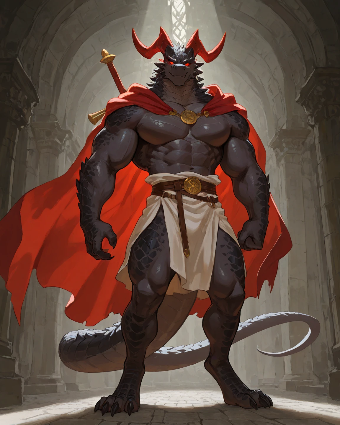 Cleopatra with extreme muscular body, gigantic muscular arms, gigantic muscular tights, samurai outfit, ninja mask, dragon tail, dragon horns, dragon wings, fair skin, black hair with ponytail and gigantic breasts.