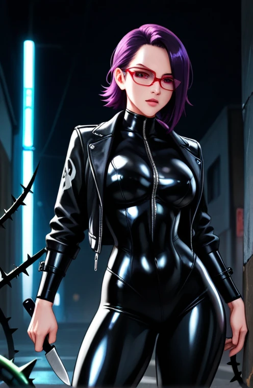 imagem de corpo inteiro Unreal Engine 5 8K UHD de uma menina adulta bonita, cabelos brancos curtos, Wearing Futuristic Cyberpunk Black Latex Overalls, Renda dourada, latex glove, brincos, short hair, colar de ouro, glasses, best quality,  mulher gato dc comic, choker with cat symbol, (Em cima do telhado)