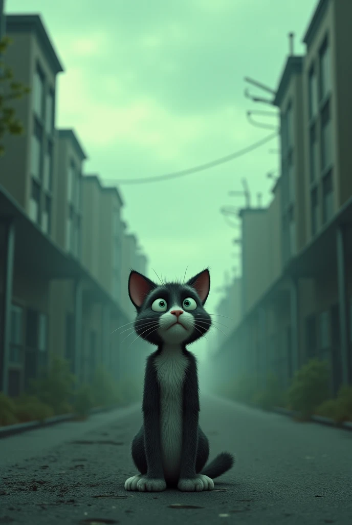 Imagine a weak cat,Humanoid cat,Listless facial expression,Thin body,Standing on the city street