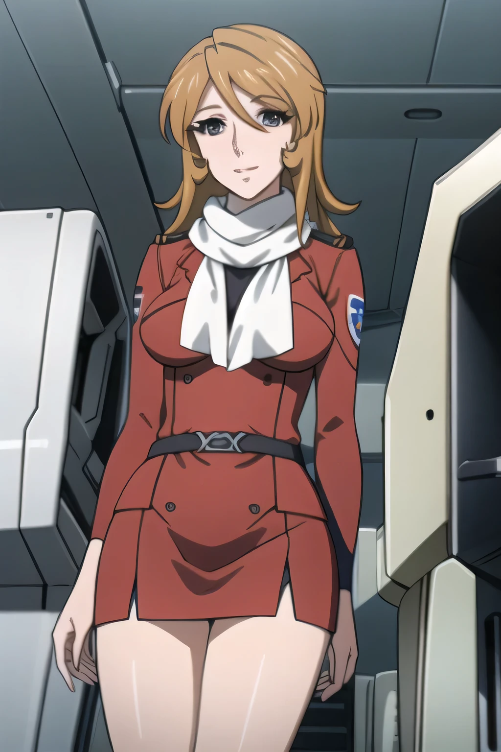 katejinaloos、One girl、Updo、Braid、Blonde Hair、hair band、Earrings、Brown eyes、uniform、Jacket、Ascot、belt、holster、Black Pants、Black boots、, eff officer,uniform.Long sleeve、Earth Federation Operator Girl Soldier、、Operator intercom mounted on head、Inside the bridge of a battleship、blush、Long sleeve、Shiny white tights, Large Breasts, , Put your hands on your hips, View your viewers,riding outfit