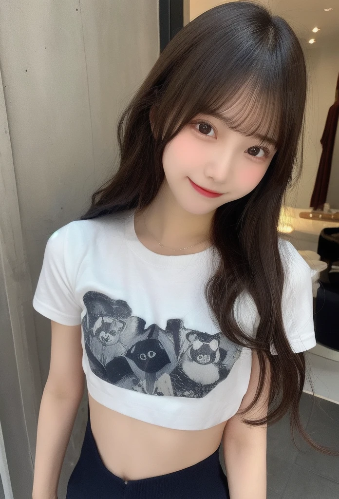 locker room,(highest quality, Very detailed, masterpiece:1.2), 1 female, very thin body, Long, slender legs, ((Black wavy Short Hair:1.2)), ((Thick and fluffy bangs)), Very detailedな顔,faint smile, Small, thin nose, small thin mouth, Extremely sharply focused eyes, Japanese, Beautiful Face, Realistic eyes, Beautiful and beautiful eyes, Realistic Skin, Beautiful Skin, charm, (A vivid face), Beautiful Hairstyles,In underwear,(T-Shirts,panties panty pull)
