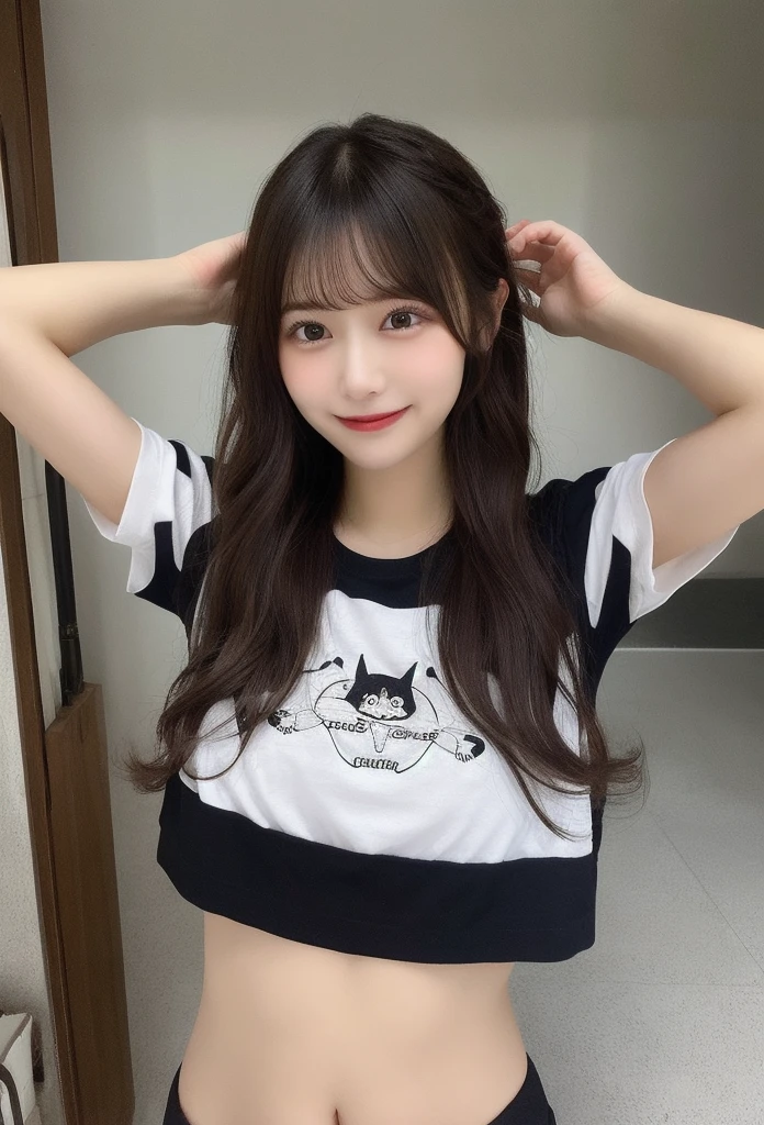 Very cute face、smile、10 years old、girl、Fluffy long hair、Beautiful legs、Beautiful body、Thin legs、White skin、Black T-shirt、Black mini skirt、White panties、