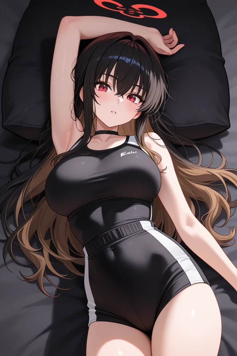Brown hair long ninja girl hair longer than shoulders Long Hair Wearing a black hoodie and a black skirt White underwear White skin blue eyes With bangs Beautiful face Thin legs A little bit of cleavage is visible sitting on the bed Legs bent Anime Style