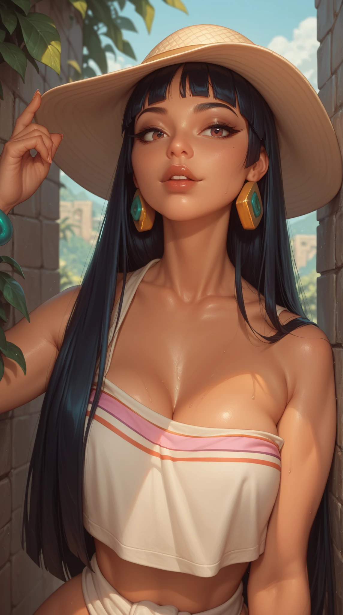 (masterpiece), best quality, expressive eyes, perfect face, front lighting, (outside japanese garden background), (posing), (smirk), (cleavage view), (1girl, milf, nico robin, latina, dark skin, long black hair with bangs, ponytail bun with hairbow hairstyle, brown eyes, hourglass figure, skinny body, thin body, petite_body, large breasts, huge breasts, oppai, large cleavage, wide hips, thick thighs), (geisha, geisha outfit, black kimono with floral pattern, long sleeves, strapless, bare shoulders, collarbone, exposed cleavage, sash, obi),
