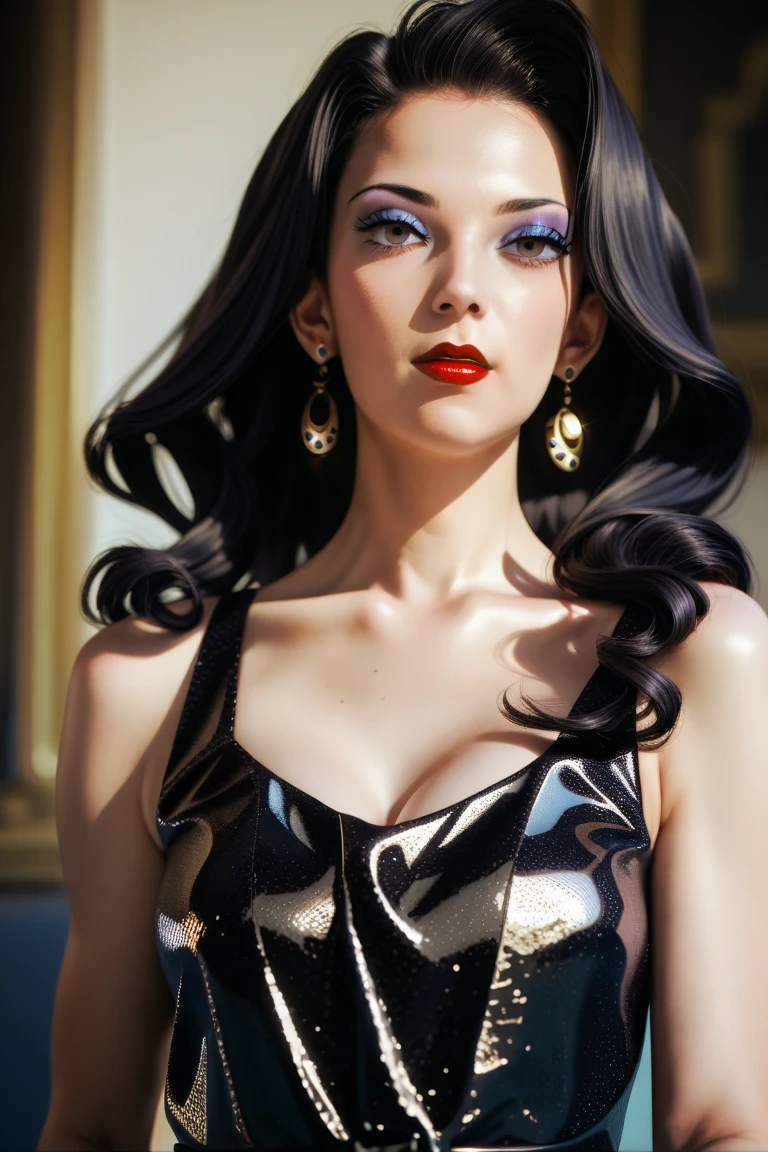 araffe woman in a silver dress looking at a mirror, glamor hairstyle, big hair, intricate hairstyle, imperial and elegant hair style, elaborate hair worn up, glamorous hairstyle, intricate hair, baroque curls, elaborate long hairstyle, beautiful futuristic hair style, insanely nice hair style, elaborate long black hairstyle, elaborate hair, futuristic hairstyle, black elegant hair, complex design hair