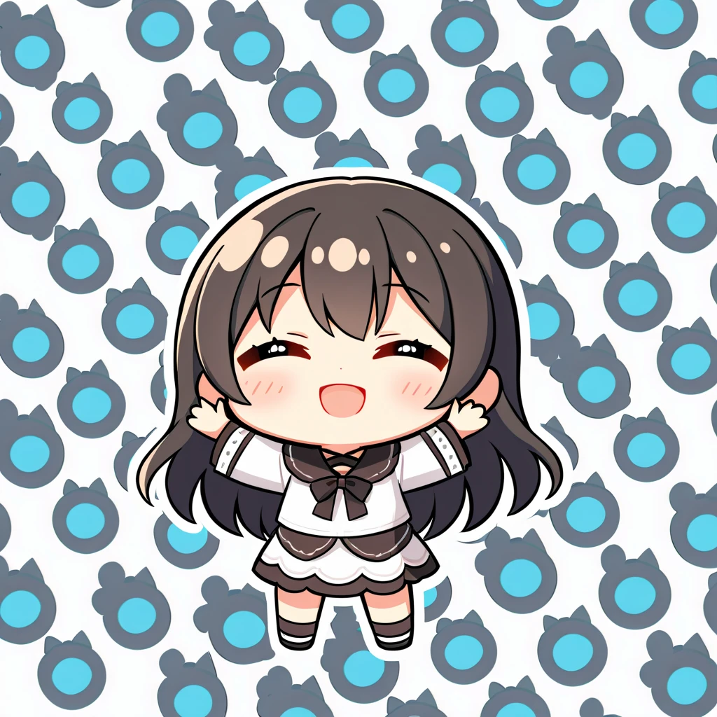 <lora:hotarueye_comic3_type3:1.5>, 1girl, (chibi:1.4), smile, closed mouth, upper body, standing, , black hair, <lora:concentratedlines_v100:1>