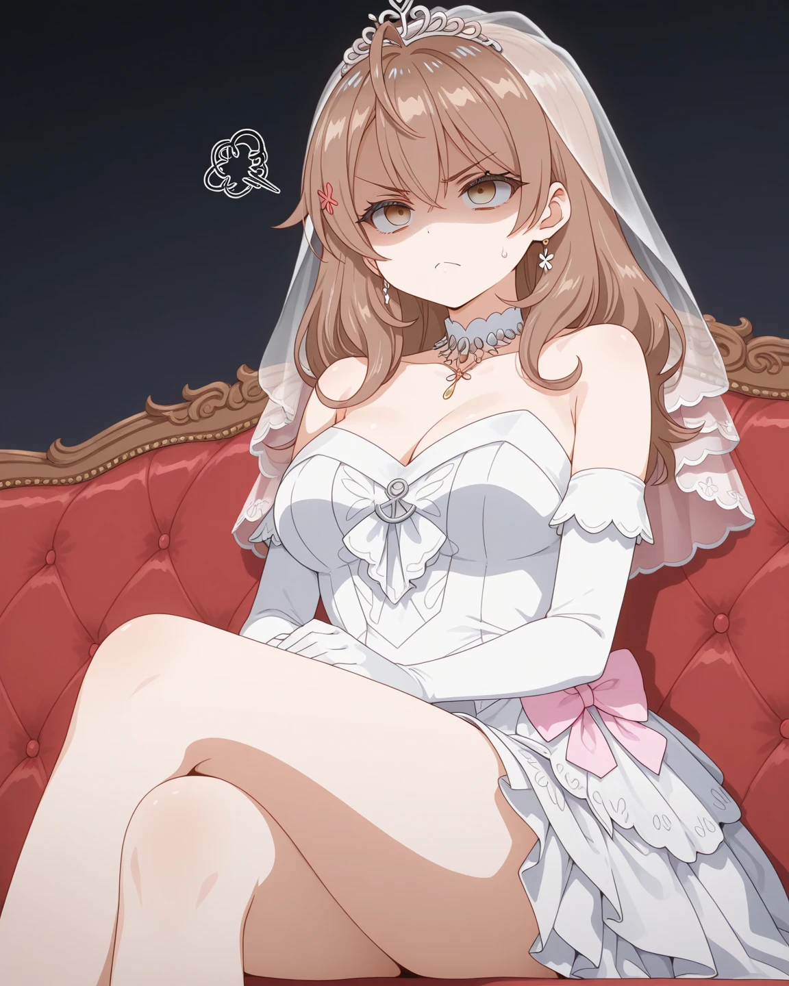 lineart, Sumiyao Style, 1girl, breasts, solo, dress, veil, long hair, sitting, wedding dress, large breasts, cleavage, bridal veil, looking at viewer, high heels, open mouth, bare shoulders, smile<lora:Sumiyao_StyleG:0.8>