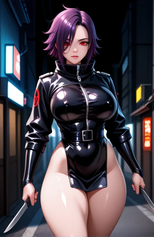 there is a Japanese Ninja woman standingneon-noir background, cyberpunk femme fatale, seductive cyberpunk dark fantasy, cyberpunk strip clubs, gigantic breasts, cleavage, beautiful face, beautiful body, beautiful eyes nose lips, alluring expression, full body photo, standing legs apart(well defined pubic hair:1.2)), (dark plain black background:1.4)), RED tones, firelight