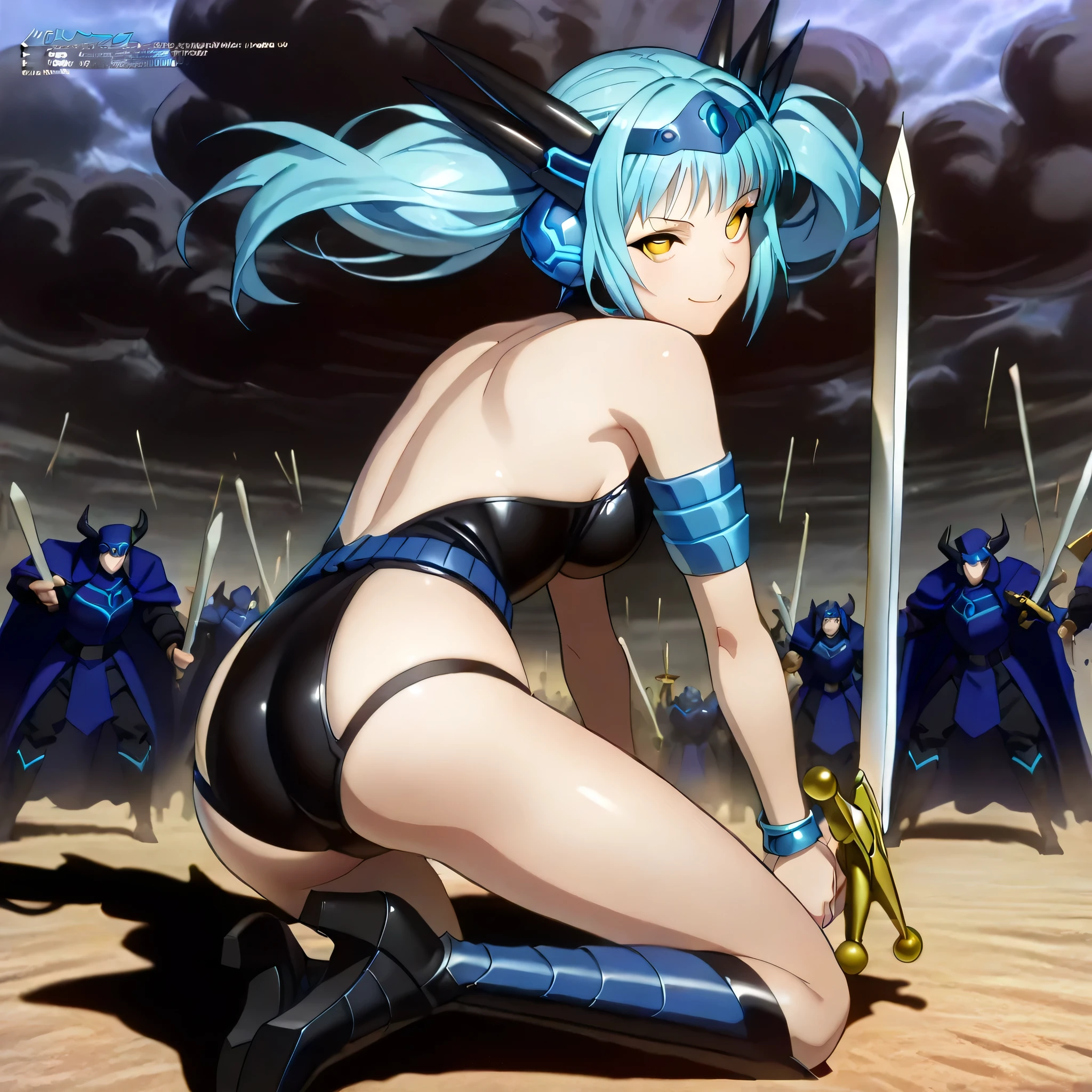 (((Masterpiece))), (((Best Quality))), ((Super Detail)), ultra-High resolution, score_9,score_8_up,score_7_up,score_6_up,score_5_up,score_4_up, BREAK, source_anime, anime screencap, uncensored, rating_explicit, Masterpiece, (best shadow), (absurdres), (detailed background), (very aesthetic), detailed beautiful eyes, outstanding, an exquisite animation illustration, curvy, highres, dark persona, horizontal pupils, black leotard, clothing cutout, circlet, halterneck, armlet, bracelet, belt, high heel boots, knee boots, (((solo, 1girl))), hair ornament, submissive pose, pose, anime style, anime coloring, animification, megami magazine, medium , macha, yellow eyes, blue hair, twin tails, , looking from back, from back, view from back, from behind,dark cloud, war, explosive, sword, holding sword, smile, gentle smile