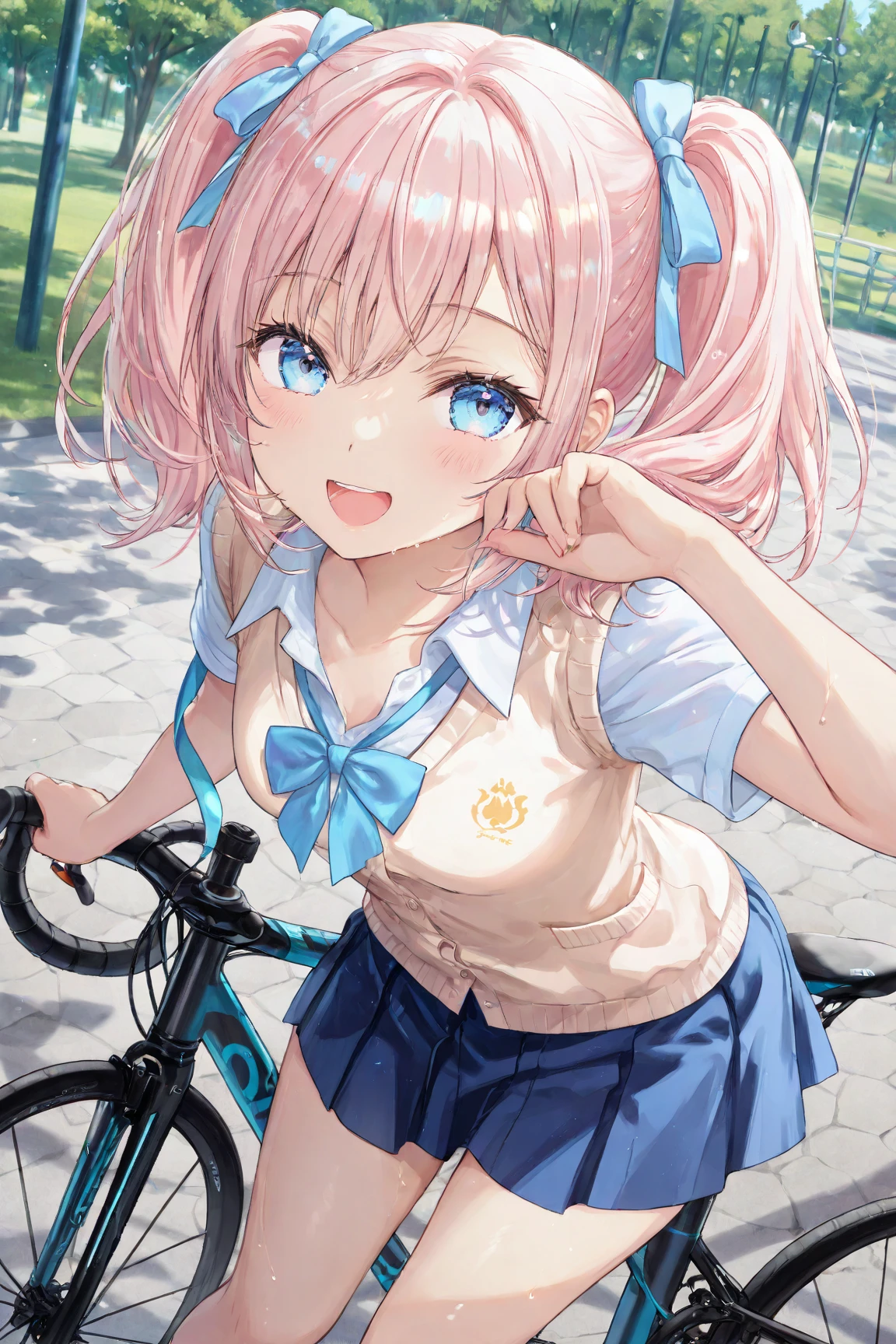 (Highest quality,8k,32K,masterpiece,Ultra-high resolution :1.2 ),born,One person,Super cute,Natural light,Clear, shining eyes,20-year-old,Fair skin,bikeのツーリング的な電子世界のファンタジー背景,Pink Hair,Small breasts,In underwear,bra,bike,bikeのヘルメット,Twin tails,Small height,モーターbike,Full Face Helmets,bikeに乗っている,mini skirt,Skirt too short