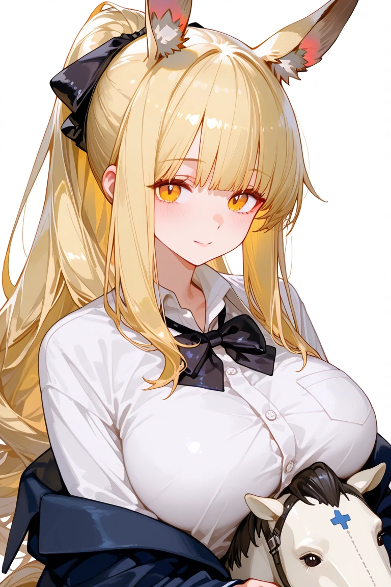masterpiece、Highest quality、Best image quality、High resolution、Big Breasts、Blonde、Pink Eyes、ponytail、Black Uniform、Unbranded uniform