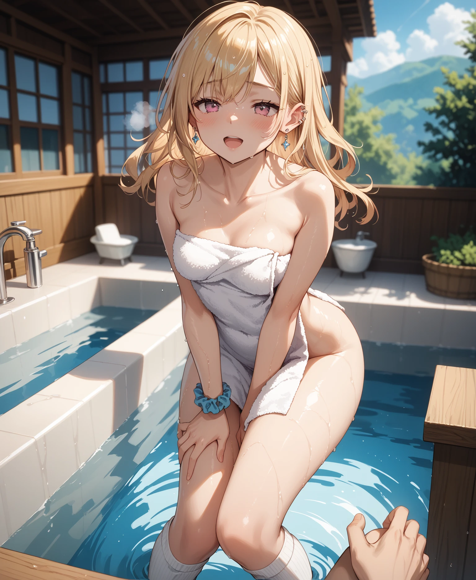 (masterpiece:2.0), (highest quality:2.0), (Leaning forward naked in a hot spring:1.5), (super sexy pose:1.5), (look up from below:1.5), (perfectly exposed shoulders:1.5), (perfectly exposed nape:1.5), (blushing face:1.5), (cover your crotch with your hands:1.5), (cover your chest with your hands:1.5), (spilling breasts:1.5), (realistic:1.5), 1 little girl, very cute girl, precision small hands, You look embarrassed when you look at me, light smile, innocent face, young face, clear eyes, shining eyes, small breasts, I can see the side boob, I can see your shoulders, I can see the cleavage, no pubic hair, dynamic posing, beautiful skin, Super fine, highest resolution, Japanese high school student, golden hair