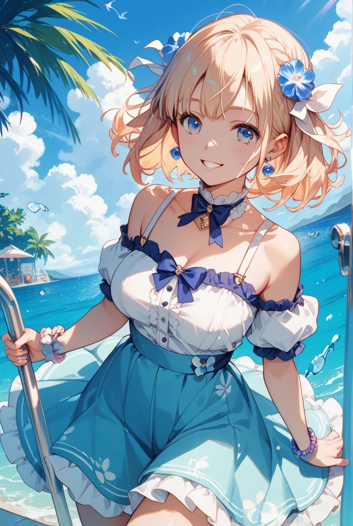 ((masterpiece, best quality;1.3)), ultra detailed, 8k unity wallpapers, CG, ray tracing, illustration, colorful, cinematic shadow, extremely detailed and beautiful background,vhd, shadering VRay,RT, 1girl, teenage, petite, loli, blush, solo, blue eyes, (blush), (blonde hair), (medium hair), (large breasts), slim waist, white glowing skin, highly detailed beautiful face, beautiful face, beautiful eyes, (talented Lo-Fi:1.3), naked, sexy, lewd, (short baby doll dress), outdoors, blue sky, close-up, glowing, glowing light, ultra detailed, scenic, atmospheric