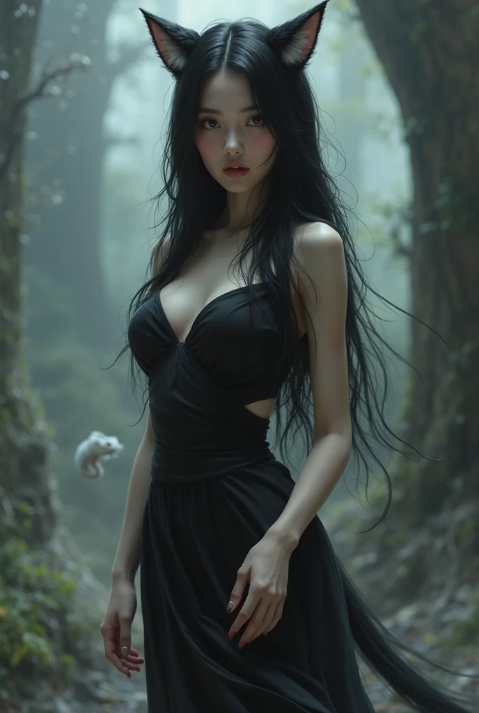 a beautiful, attractive, slender sorceress with sexy long black hair, busts large ,a low-cut Victorian dress, a black v-neck bodice with laces, the background of a magical tower in an enchanted forest