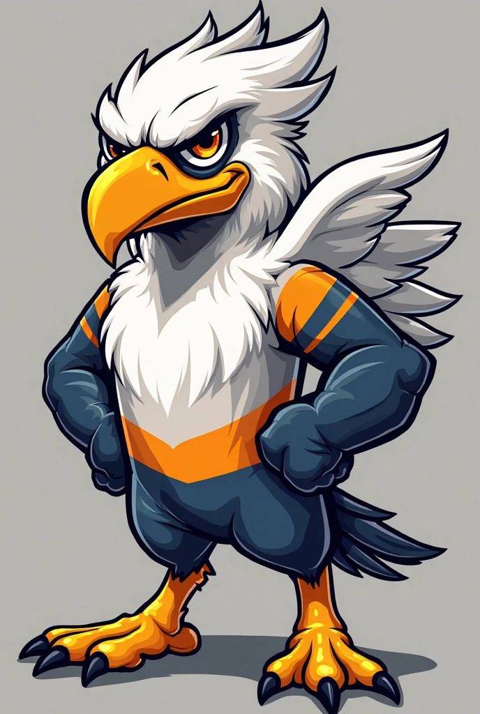 Design a vibrant, powerful illustration of a muscular eagle with arms crossed, standing out against a dynamic blue background. This eagle, as a mascot, personifies strength, determination and leadership, ideal for representing teams and sporting activities. Make sure the eagle's muscular details and confident stance convey a sense of energy and competitiveness. The color palette should be predominantly blue, with additional highlights to enhance expressiveness and visual impact. This image will be the core of the sports logo, inspiring pride and unity among the team's fans.