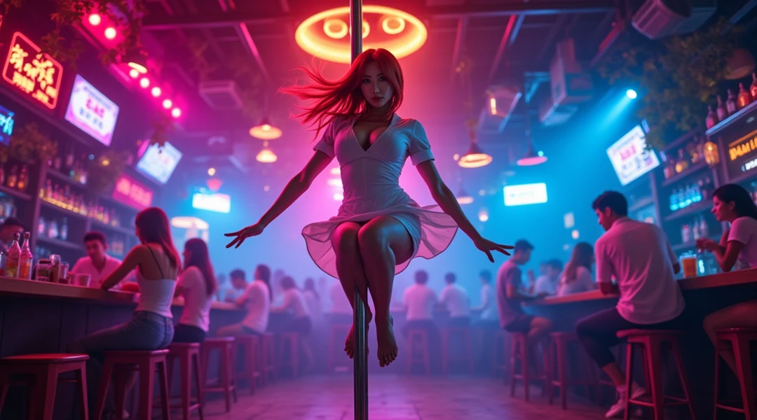 A pole dancer sensually dances around a pole