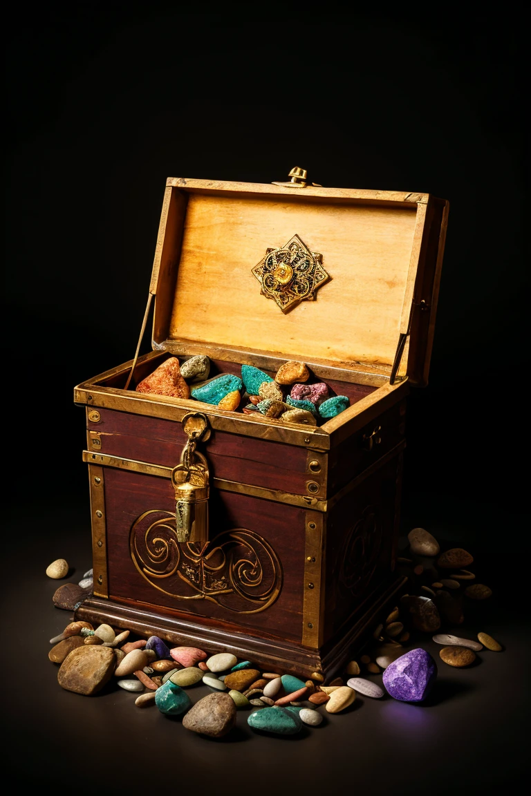 Un Trésor Perdu, Joaillerie, Bijoux, Pierre Precieuse, Unique Joyaux Multicolors (Or Rubis Saphir Coffre en Metal) Bijoux de Haute Précision de Haute Qualité Remarquable. Sur un sol au Sable fin. Faunes et Flores Couleur Détaillée. (Coq la Kour.) [Réalistic Photographie Haute Réalisme]