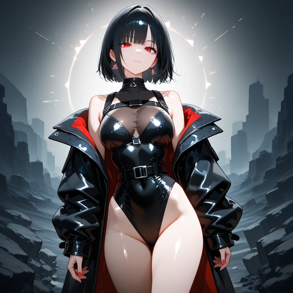 taimanin suit, black leotard, fishnets, elbow gloves, vambraces, armored skirt, thigh boots, ((anatomically correct hand:1.5)), ((anime)), ultra precision, masterpiece, very very beautiful, Princess's Face, ((alone:1.5)), ((pink hair:1.5)), ((bob cut 1.5)), break, ((black eye)), shortcut, ((straight hair)), break, All limbs,((full finger:1.5)), break, (skindentation), ((skin dents)), professional lighting, (25 years old), tight waist, shiny skin (brown skin), ((oily skin)), glowing skin, looking at the viewer, ((cowboy shot:1.5)), look at the camera, 笑face, mouth slightly open, ((cute:1.5)), extra fine eyes, Extra-fine face, ((thin lips:1.5)), ((droopy eyes)), A slight smile, ((model pose:1.5)), face, look at the camera, ((anatomically correct fingers:1.5)), ((thighs)), sexy, perfect hands, (((arms behind:1.5))), ((Metallic costume:1.5)),