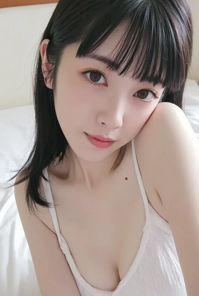NSFW,(black long hair)、nsfw, (spread pussy:1.3) 、double eyelids,tear bags,Big, round eyes、Long eyelashes、(Big Breasts、naked)、On the bed at my boyfriend's house、highest quality, figure, Very detailed, Fine details, High resolution, 8K, Perfect dynamic composition, Beautiful fine details, ,Natural color lip, A shy smile,Beautiful 20 year old woman、The only person, Bust up photo、Correct posture、Stretch your back、Please stand up straight、Cute type、looking at the camera