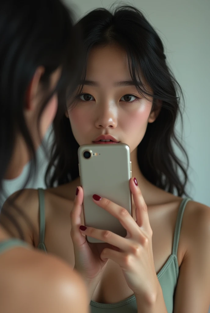 Sam Japanese girl model Pide hyperrealistic with beautiful face age 24 years . She takes a nude selfie