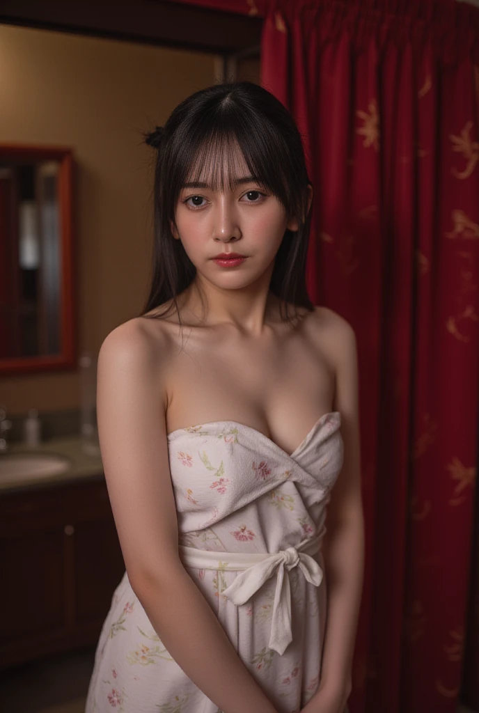 1 realistically beautiful girl, waist length hair, black eyes, ancient Ao Dai, style hanfu, wearing a thin silk shirt of ancient China, pink and smooth white skin, wearing a discreet ancient style ao dai, appears shoulders and head in the photo,cute little face, eye bags under wet makeup, plump red lips, pout, mouth shut, embarrassed, small face makeup detailed and very beautifull, The breasts are super round and tight, breast augmentation, blum , Cover the girl's chest with a camisole inside, blush, from front, wear earrings, necklaces, from above, looking at viewer, upturned eyes, full body, masterpiece, top quality, best quality, official art, unity 8k wallpaper, highres, ultra-high res, ultra-detailed, (photorealistic:1.2), alone, solo, Only 1 girl, style hanfu Dunhuang, 10x pixels, super realistic, ultra high quality, full body view of the girl, upper body, (small breasts)