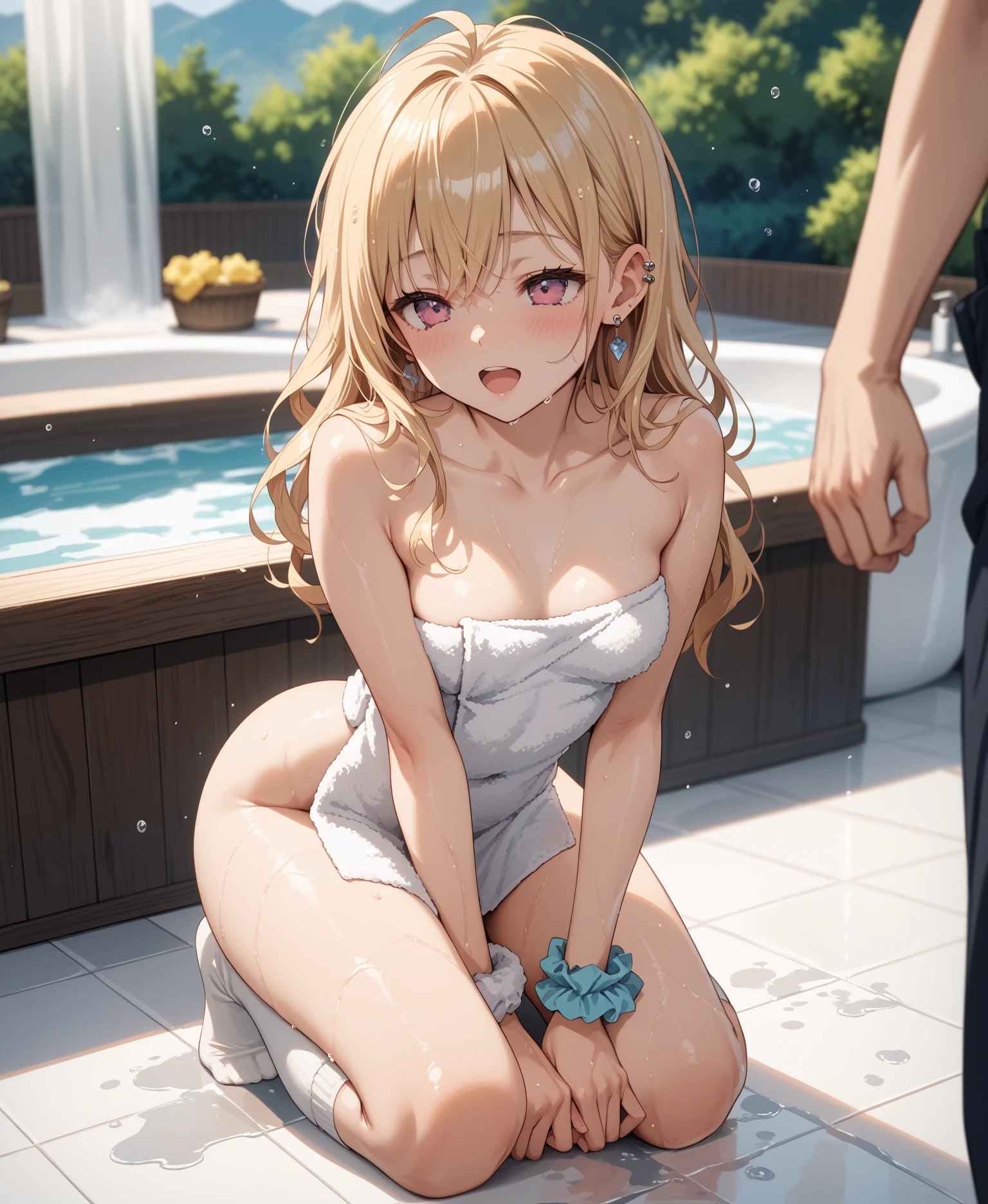 (​masterpiece:2.0), (top-quality:2.0), (sitting naked in the hot spring:1.5), (extremely small white towel:1.5), (super sexypose:1.5), (view from the side:1.5), (blushed face:1.3), (hide crotch with hand:1.3), (super thin fabric:1.5), (Spilling boobs:1.4), (realistic:1.5), under the boobs, side boob is visible, naked, 1 little girl, precise small hands, Embarrassed look, Look at me and surprised face, extremely cute girl, innocent face, young face, Clear eyes, Shining eyes, small breast, shoulder is visible, Tummy is visible, cleavage of the breast is visible, stomach is visible, the lower abdomen is visible, The buttocks is visible, The crotch is visible, No pubic hair, dynamic posing, The beautiful skin, ultra-definition, Top resolution, golden hair
