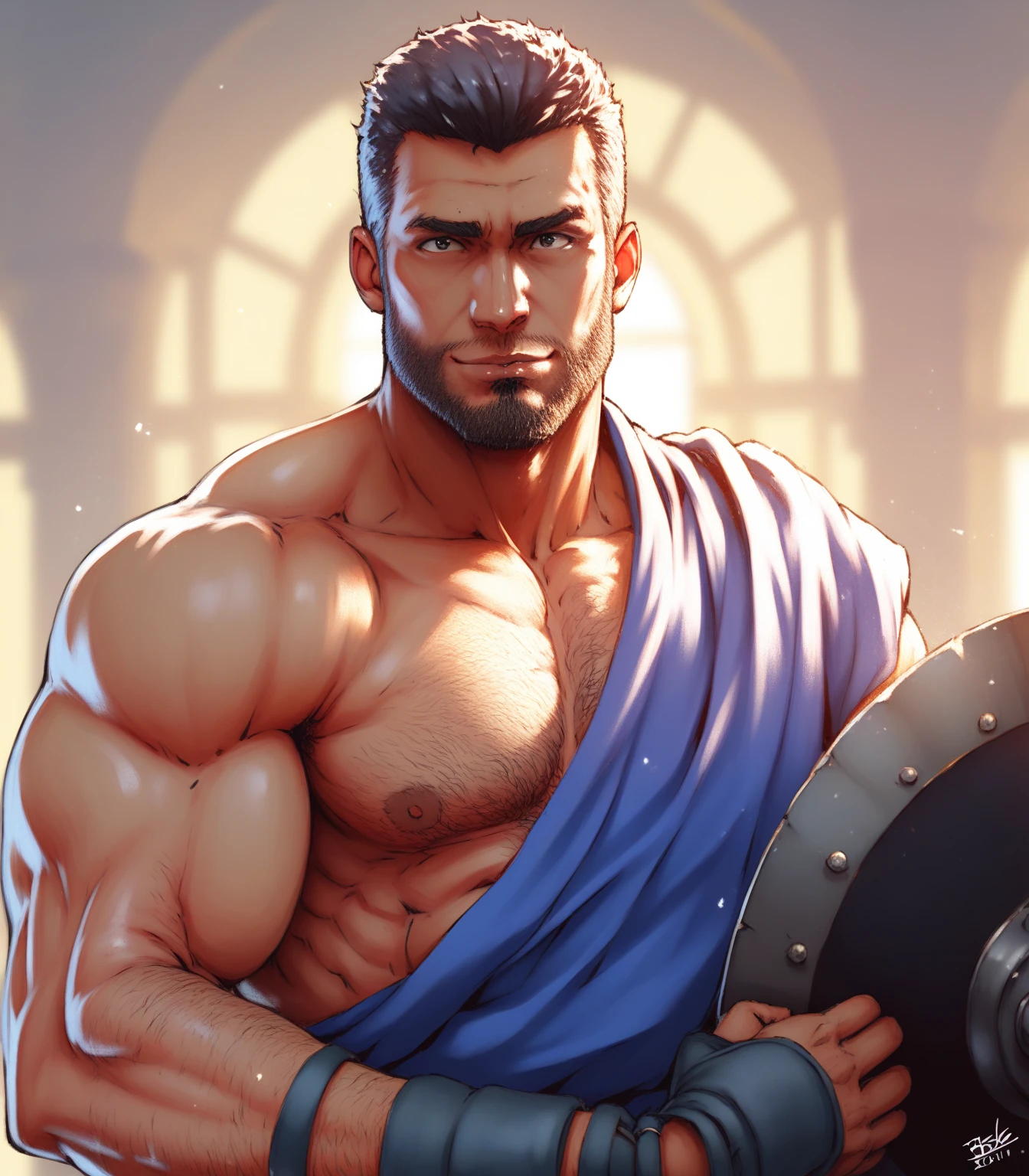 Mighty gladiator, upper torso exposed, legs unclothed from thighs to feet, flowing long curls, detailed muscular physique, lifelike depiction, 4K resolution. Background: Roman colosseum filled with cheering crowd.,32k uhd, best quality, masterpiece, super detail, high details