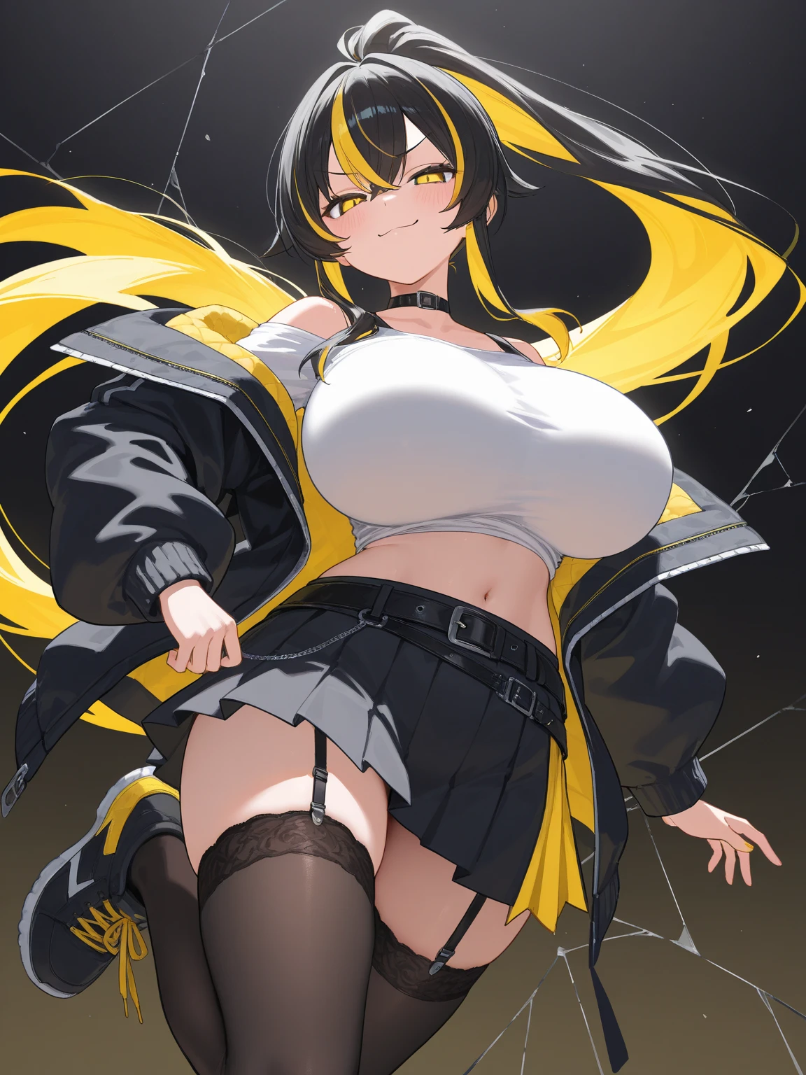 (tamaki kotatsu), Sexy, from above, facing viewer, face close up, cleavage, yellow eyes, black hair, twintail, busty, building on fire background, full body, 8k, absurd quality, beautiful face, hands out of frame,absurd res, high res, (masterpiece:1.4), ultra-detailed, 1girl, from front, jumping, stockings, black hair, heart shape eyes, yellow eyes, garter belt, yandere, twintail