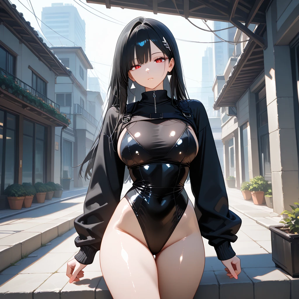 ((best quality)), ((masterpiece)), (detailed), perfect face,(18 years old),(beautiful girl), ponytail,(blackes Braun hair), cute smile (looking at vivers) on a streat road,( full body view),(detailed lips), perfect head ,(detailed face), wers a white hoodi black Stiles short pant that reaches nee, heads in hoodi pocket,(huge ),(perfect girl), Korean girl