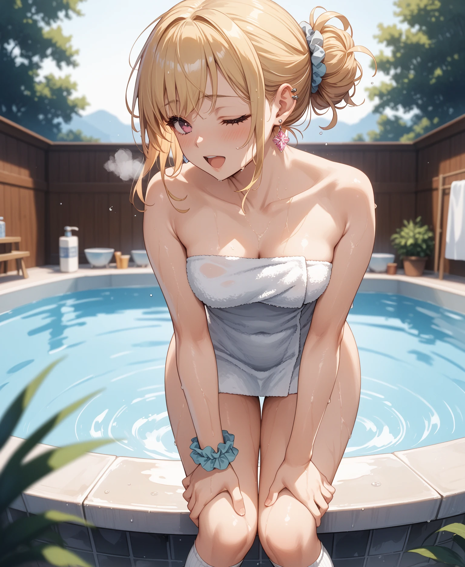 (masterpiece:2.0), (top-quality:2.0), (leaning forward naked in the hot spring:1.5), (extremely short white Tube top towel:1.5), (Super Sexy Pose:1.5), (from below looking up:1.5), (Perfect exposed shoulders:1.5), (Perfect exposed nape:1.5), (blushed face:1.5), (hide crotch with hands:1.5), (hiding chest with hands:1.5), (spilling boobs:1.5), (Realistic:1.5), 1 very cute girl, Precise little hands, Embarrassed look to see me, light smile, Innocent face, Young Face, Clear eyes, Shining eyes, very tiny chest, side boob is visible, shoulder is visible, cleavage of the breast is visible, No pubic hair, Dynamic Posing, Beautiful skins, ultra-definition, Top resolution, Japan High School Student, Golden hair