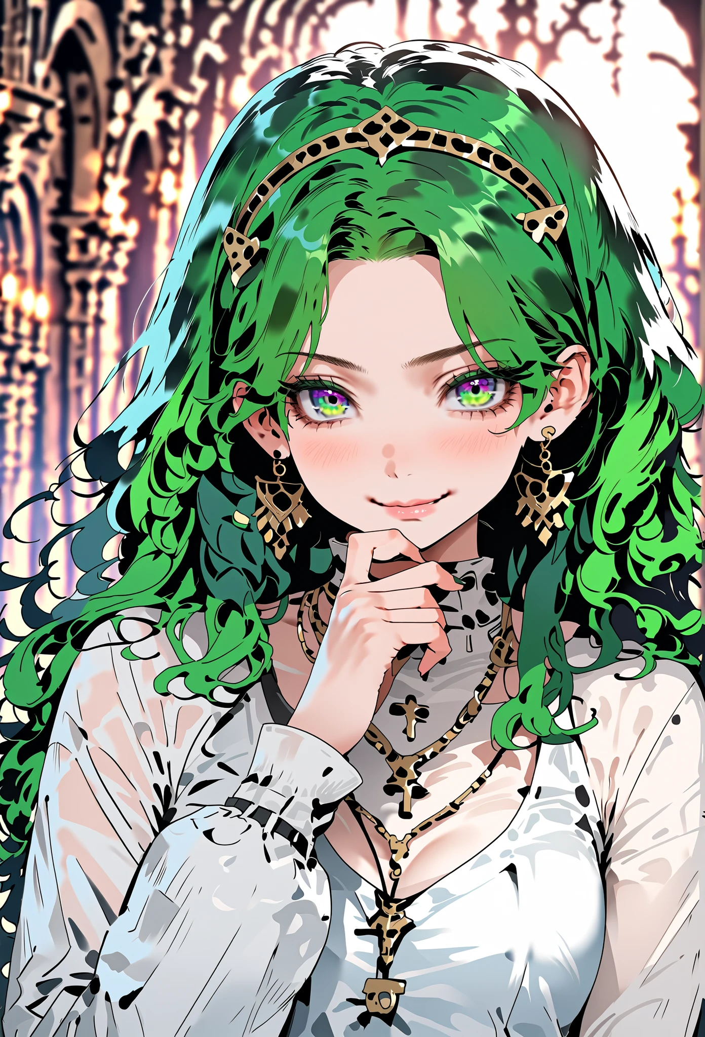 score_9, score_8_up, (masterpiece, top quality, best quality, official art, beautiful and aesthetic:1.2), (8k, best quality, masterpiece:1.2), (((masterpiece))), (((best quality))), (((extremely detailed))), illustration, (masterpiece, top quality, best quality, official art, beautiful and aesthetic:1.2), (8k, best quality, masterpiece:1.2), see-through, source_anime, 1girl, adult, ((green hair)), green hair, ((intimidant look)), ((close-up)), green eyes, black clothes, sexy, dark colors, brillant eyes, ((wavy hair)), perfect hands, ((intimidant look)), good anatomy, ((dark babylon clothes)), emotionless, intimidant, ((beautiful eyes)), close up, ((detailed eyes)), beautiful eyes, ((detailed face)), frontal look, evil smile, detailed face, diadema, full body