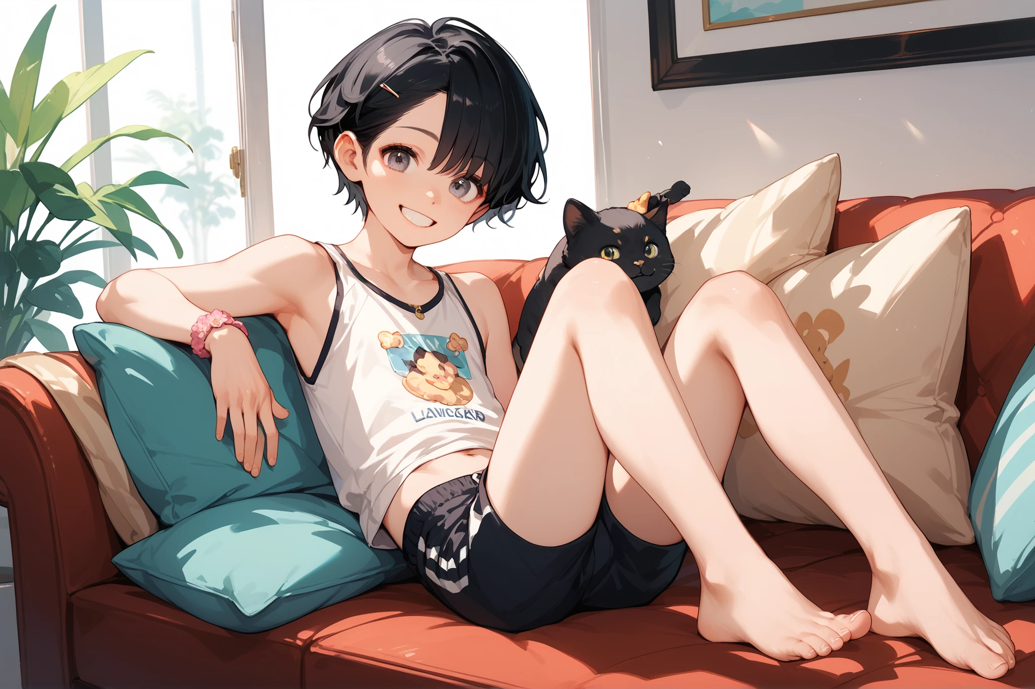 Pretty boy, young boy, smiling, (short hair, black hair), loungewear, shorts, sitting on sofa, looking at viewer,