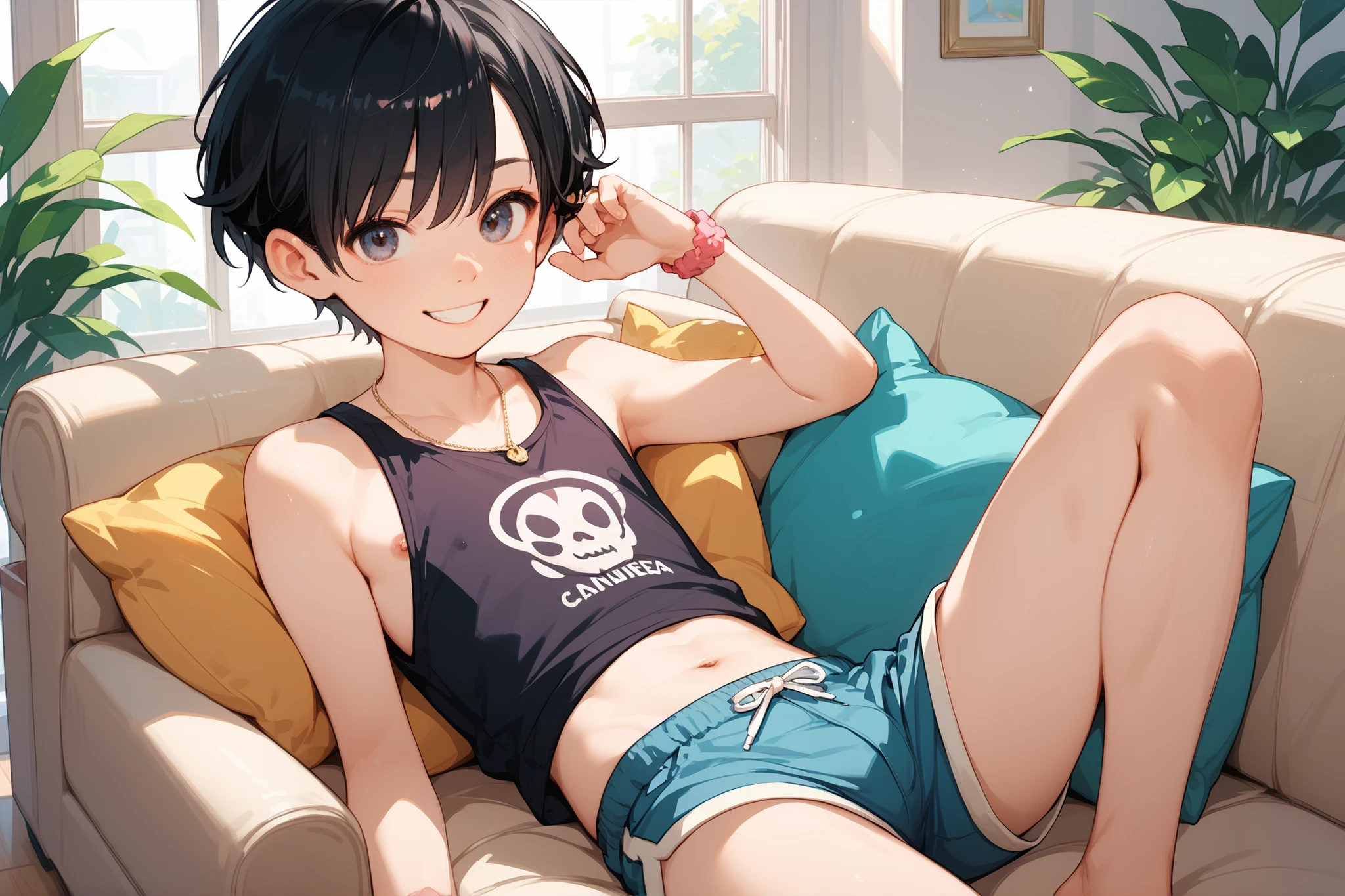 Pretty boy, young boy, smiling, (short hair, black hair), loungewear, shorts, sitting on sofa, looking at viewer,