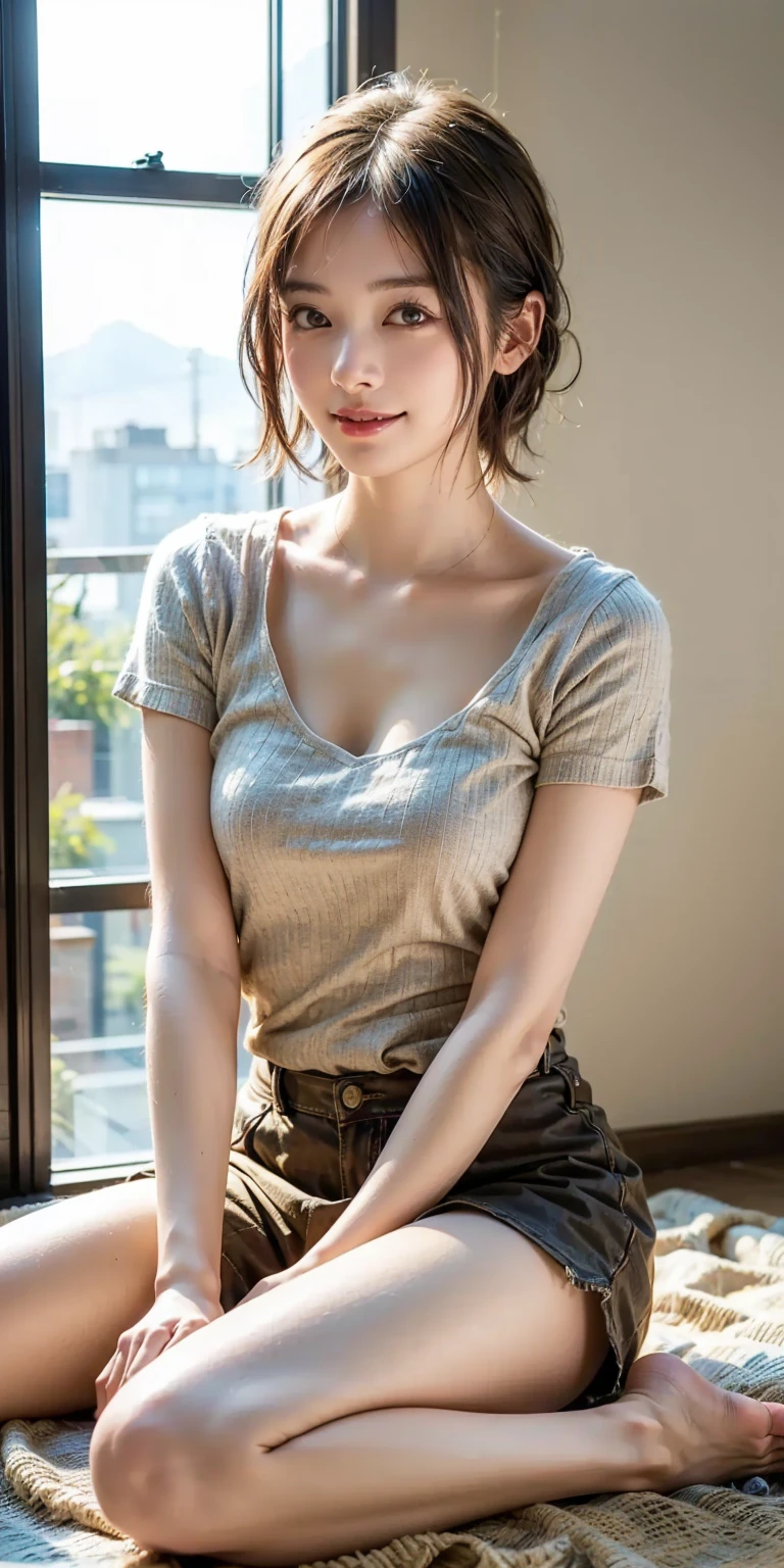 ((8K)、top-quality、masterpiece、超A high resolution:1.2)Photo Beautiful Japan woman(pleasing:1.1) Elegance、There is a good、Transparent atmosphere、Beautiful face、Gradient lighting、1girl in、Delicate skin、Brown-eyed、(short hair with bangs:1.2)、(breasts are large:1.0)、(medium areola:0.8)、(realisitic:1.4)、(top-quality:1.0)、(超A high resolution:1.0)、8K、Raw photography、(masterpiece:0.2)、(pureerosface_v1:0.5)、Tank top dress、white, Tight、Round Neck、Linen and cotton、Salopette、Thin shoulder straps、barechested、cotton clothes、no sleeves、Sleeveless、Hokkaido、Shiretoko、The morning sun is dazzling、subject、Lean、Ass big、a large bust、Kinda chubby、Bangs shed to the side、big butts、neat and well-groomed hairstyle、Bring your chest together、Feelouth slightly open、Brown clothes、Angle from the side、a necklace、Ass big、Futomo、