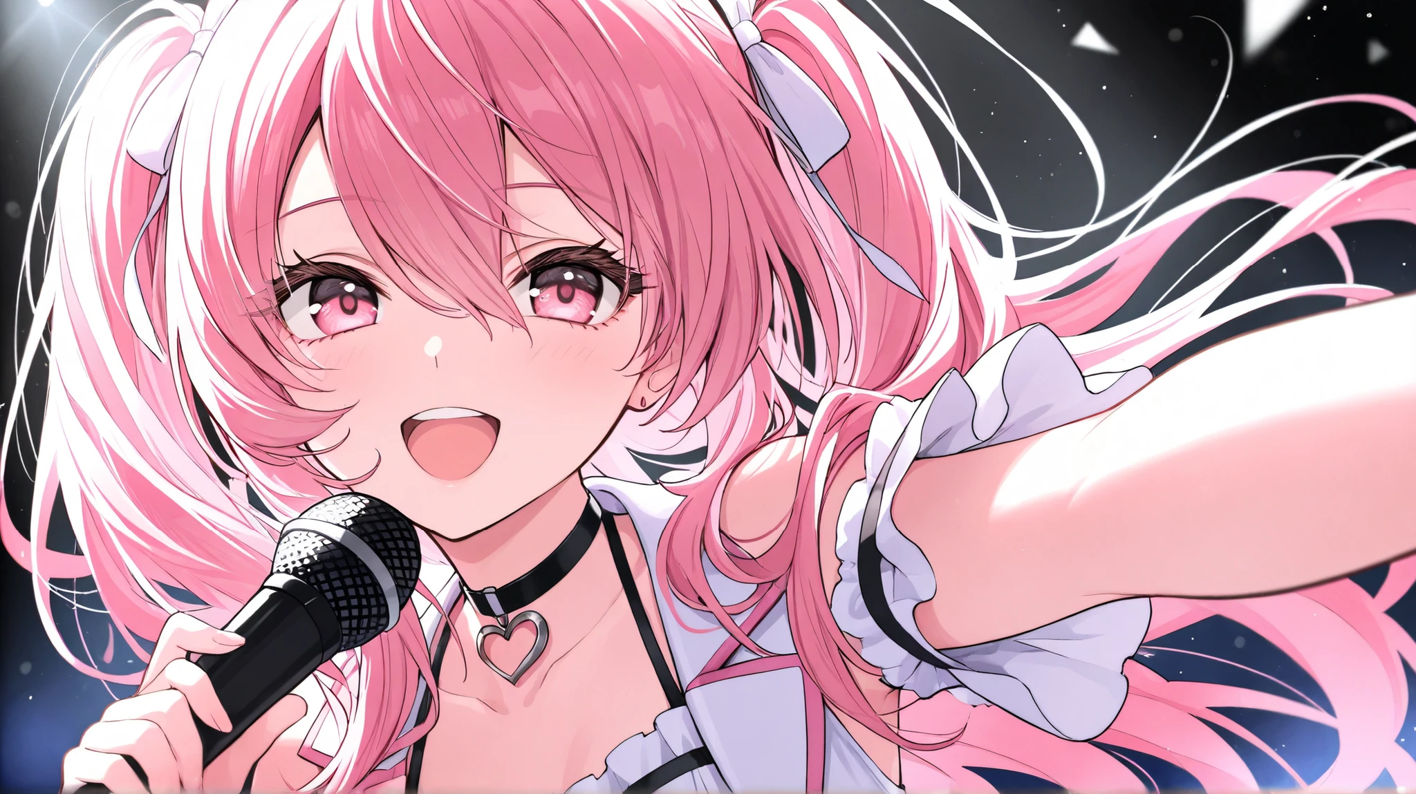 Girl, pigtails, hair between eyes, pink hair, brown eyelashes, pink eyes, heart choker, holding microphone, high quality, masterpiece, looking at viewer, by right side