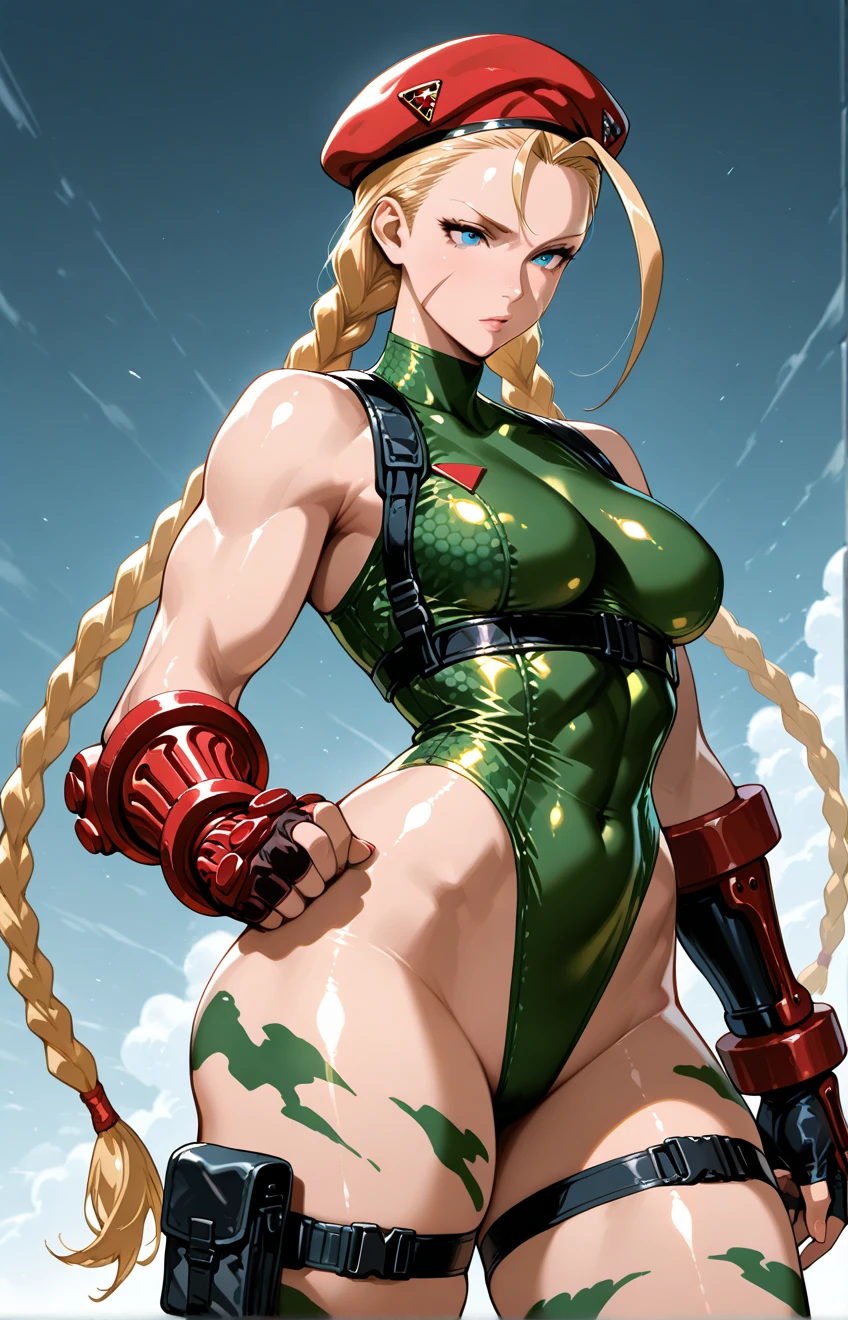 1 girl like SF6CW, white Cammy with perfect body, (((green eyes))), beautiful, toned body: 1.2, camo, green leotard, red beret, braided hair, blonde, standing, thighs (((muscular)) ), (muscular belly), bare feet, small feet, full body, 8k, very detailed scene, (((on the beach at night with starry sky and full moon))), very thin waist, very clear photo, very detailed scene , (((camera showing the body from head to toe)))