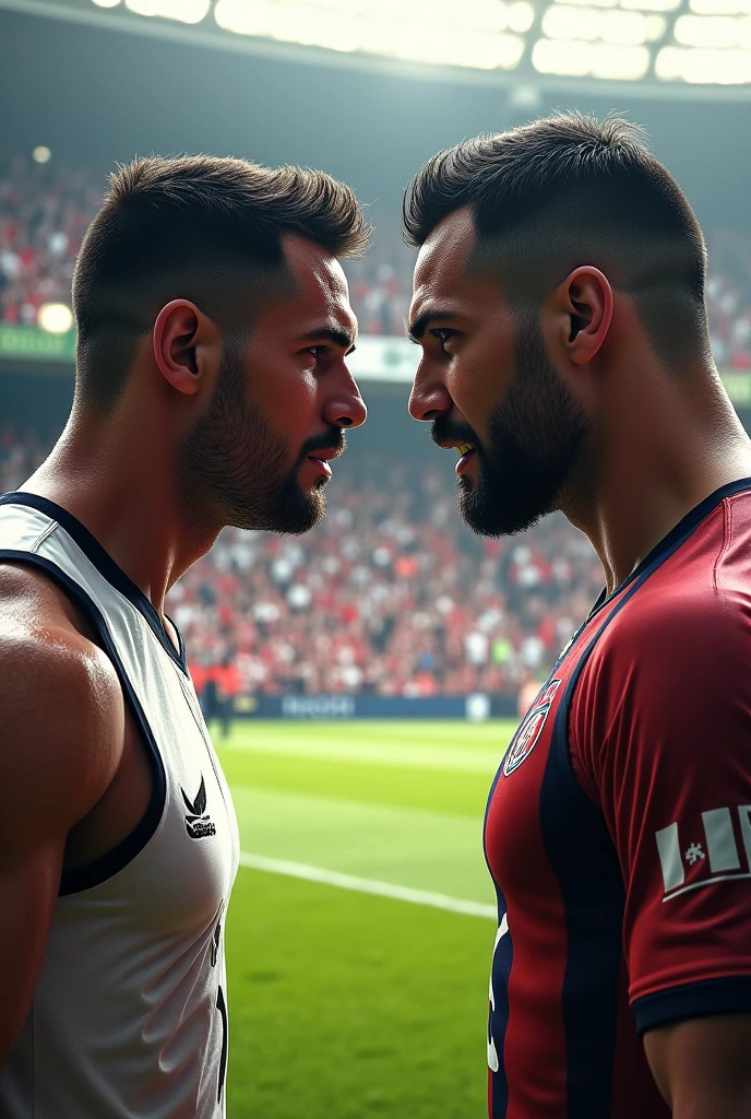 A muscular Iranian football player with hairy chest hair and beard, wearing no shirt, black shorts and red socks and black boots, shaking hands with a Brazilian soccer player, wearing no shirt, White shorts, in white socks and white boots, on the lawn of the large football stadium full of people.