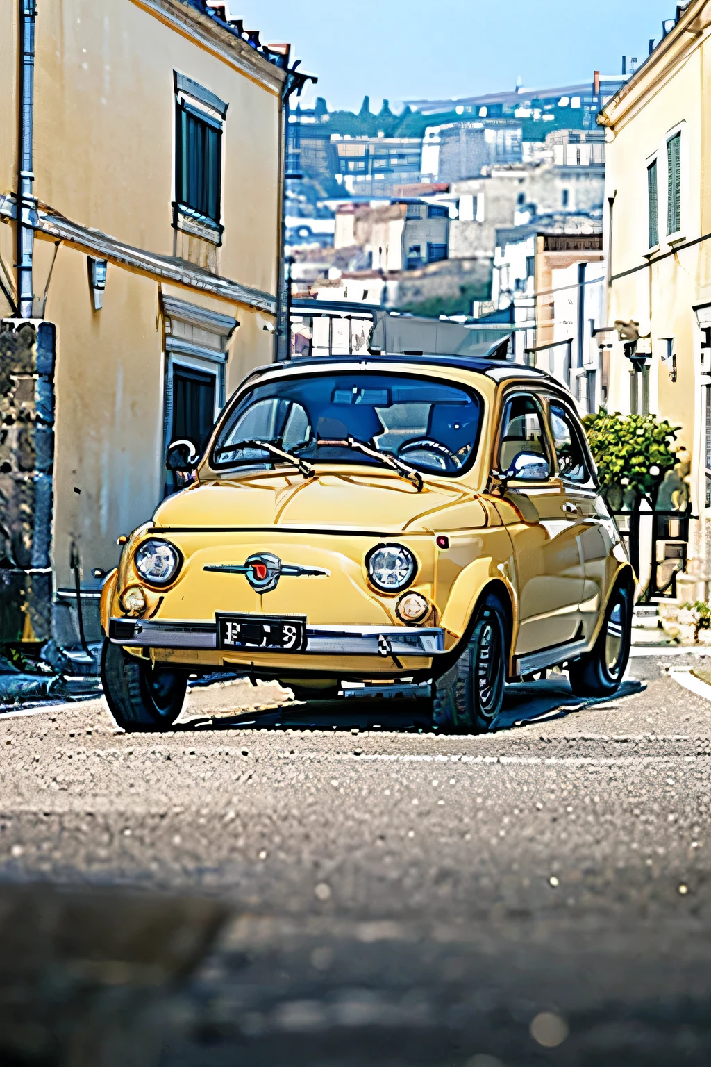  like.8k,(FIAT500, classical old Italian Fiat 500 car, sassi_di_matera), Lupin III drives the yellow Fiat 500 through the alleys of the Sassi of Matera. Photorealistic shot giving the motion blur of speed. In background Sassi of Matera landscape. blurred foreground,masterpiece, best quality, high resolution, cinematic angle, premium detailed, premium performance  ,masterpiece, 8k wallpaper, 